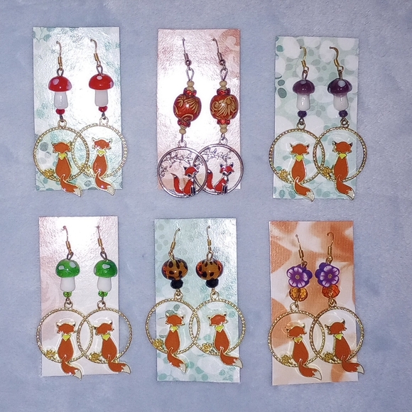 Fox Circle Mushroom Flower Beaded Handmade Unique Sparkly Hoop Earrings - Picture 2 of 7